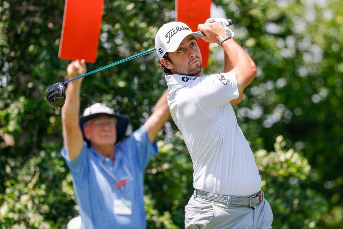 May 26, 2024; Fort Worth, Texas, USA; Davis Riley hits his tee shot on #9 during the final round of the Charles Schwab Challenge golf tournament. Mandatory Credit: Andrew Dieb-USA TODAY Sports