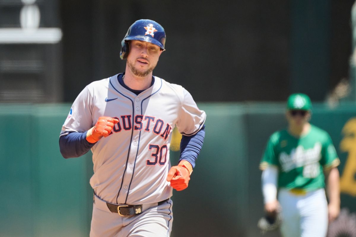 May 26, 2024; Oakland, California, USA; Houston Astros outfielder Kyle Tucker (30) runs the bases after hitting a two run home run against the Oakland Athletics during the fourth inning at Oakland-Alameda County Coliseum. Mandatory Credit: Robert Edwards-Imagn Images