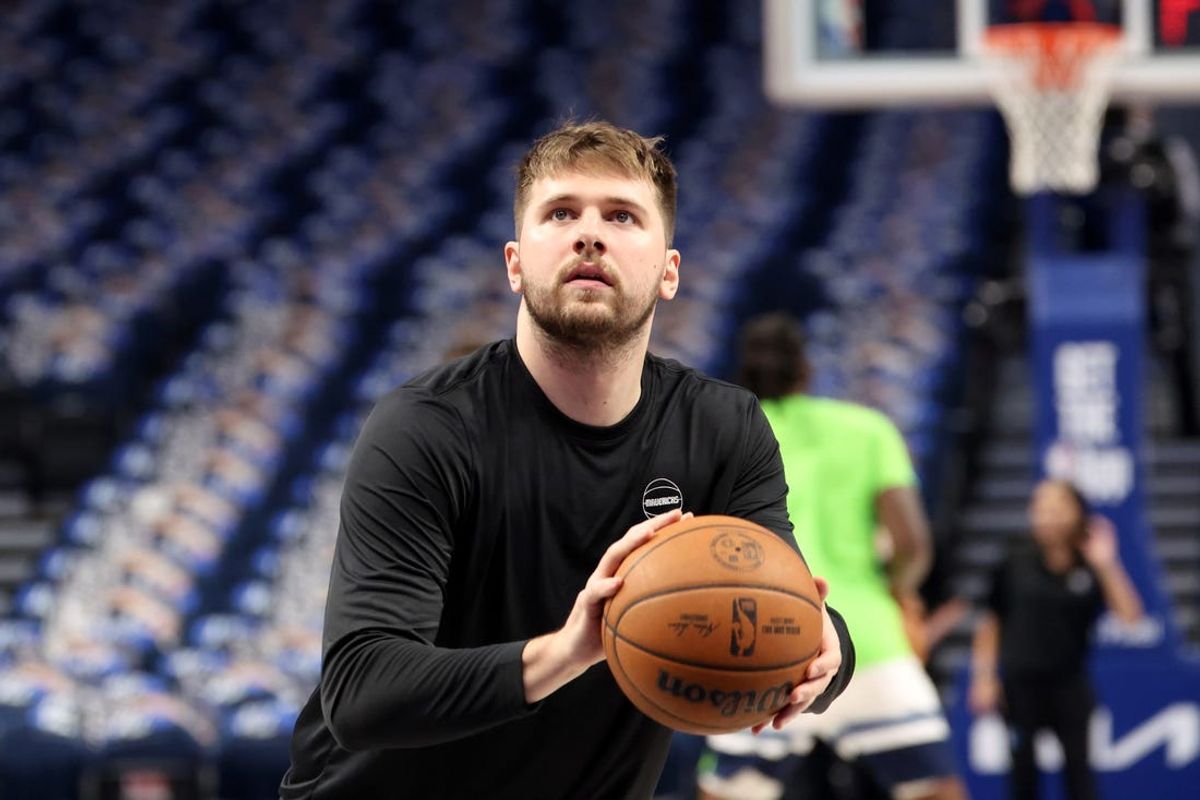 May 26, 2024; Dallas, Texas, USA; Dallas Mavericks guard Luka Doncic (77) warms up before the game against the Minnesota Timberwolves in game three of the western conference finals for the 2024 NBA playoffs at American Airlines Center. Mandatory Credit: Kevin Jairaj-USA TODAY Sports