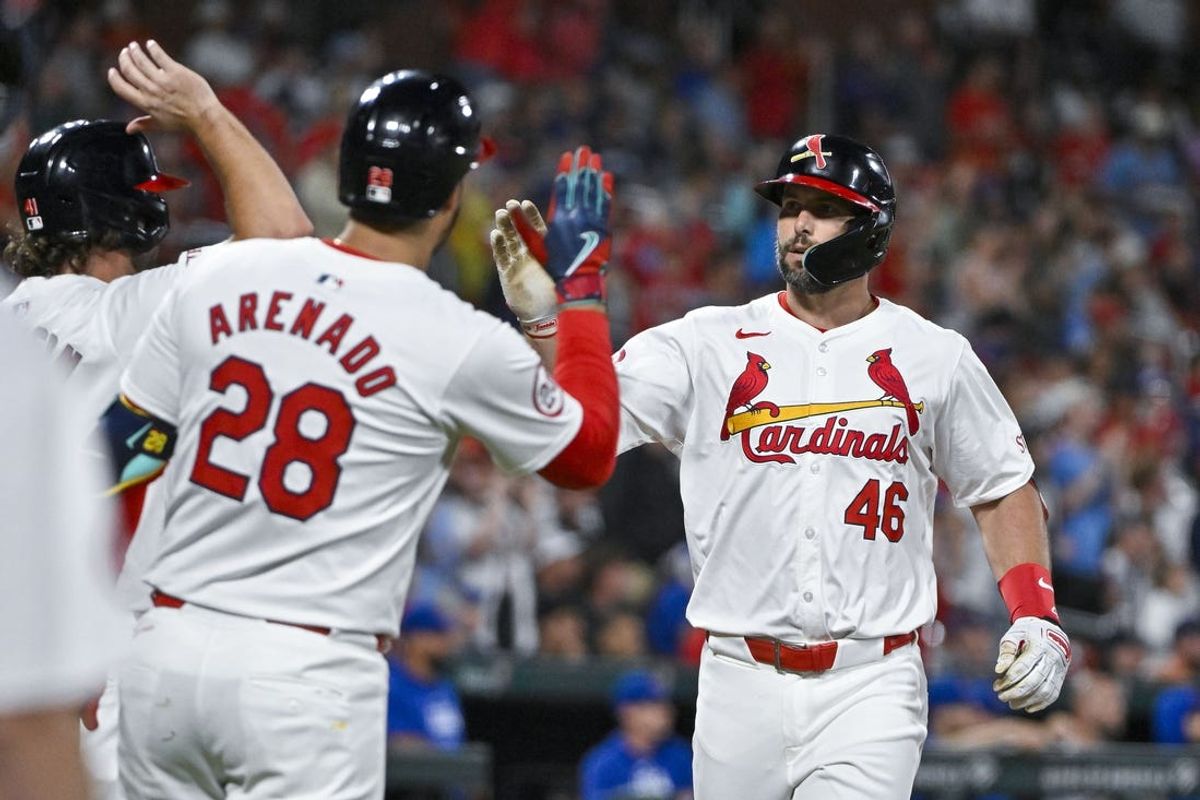 May 26, 2024; St. Louis, Missouri, USA;  St. Louis Cardinals first baseman Paul Goldschmidt (46) is congratulated by teammates after hitting a two run home run against the Chicago Cubs during the third inning at Busch Stadium. Mandatory Credit: Jeff Curry-USA TODAY Sports
