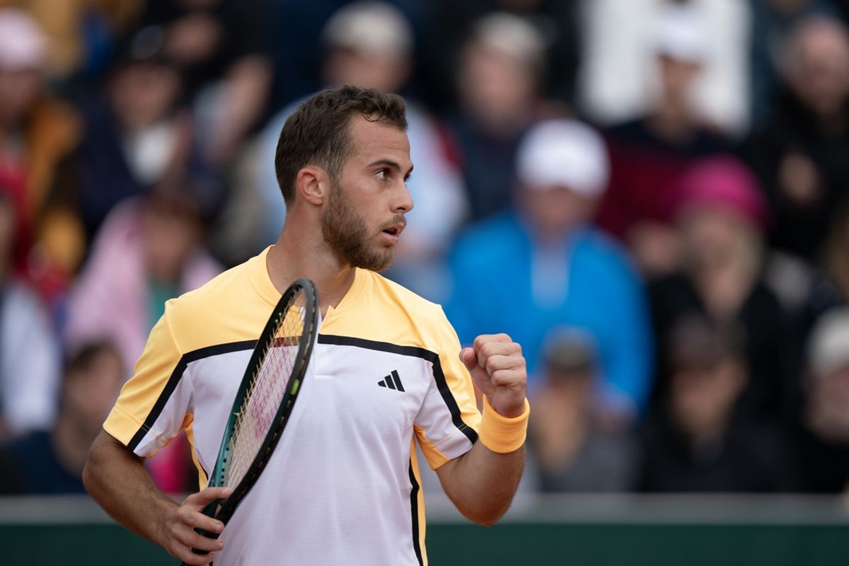 May 27, 2024; Paris, France; Hugo Gaston of France reacts to a point during his match against Ben Shelton of the United States on day two of Roland Garros at Stade Roland Garros. Mandatory Credit: Susan Mullane-USA TODAY Sports
