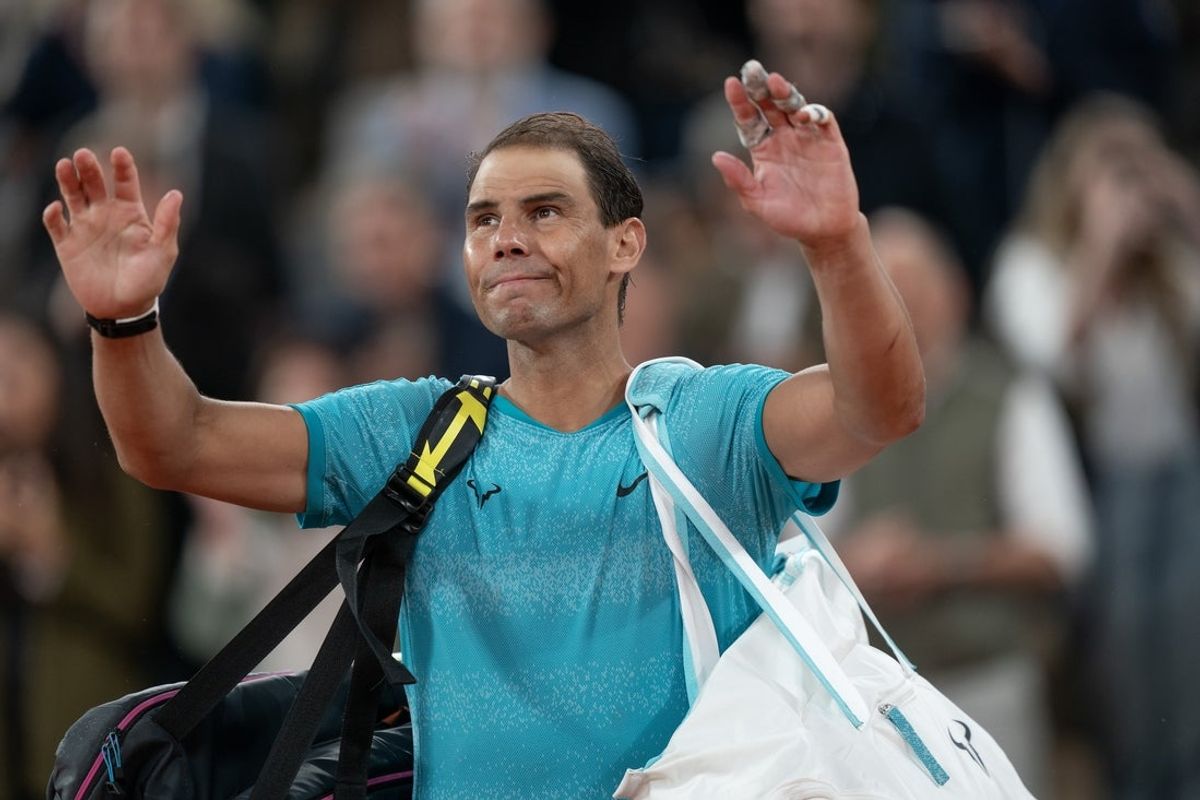 May 27, 2024; Paris, France; Rafael Nadal of Spain says goodbye to a full stadium after his match against Alexander Zverev of Germany on day two of Roland Garros at Stade Roland Garros. Mandatory Credit: Susan Mullane-USA TODAY Sports