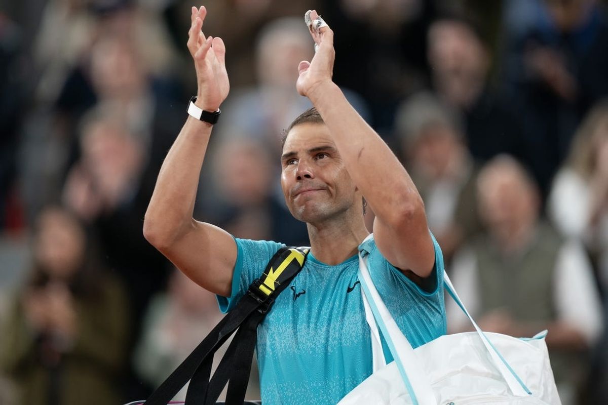 May 27, 2024; Paris, France; Rafael Nadal of Spain says goodbye to a full stadium after his match against Alexander Zverev of Germany on day two of Roland Garros at Stade Roland Garros. Mandatory Credit: Susan Mullane-USA TODAY Sports