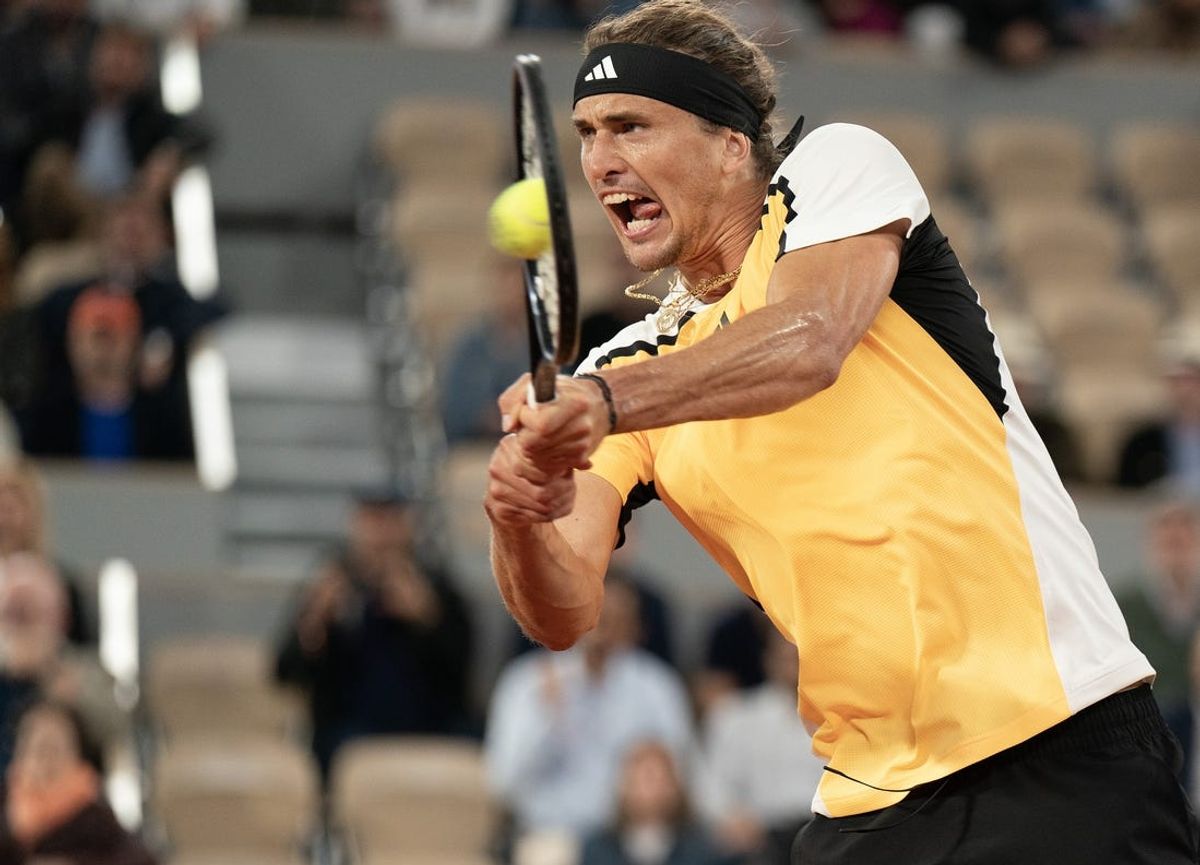 May 27, 2024; Paris, France; Alexander Zverev of Germany returns a shot during his match against Rafael Nadal of Spain on day two of Roland Garros at Stade Roland Garros. Mandatory Credit: Susan Mullane-USA TODAY Sports