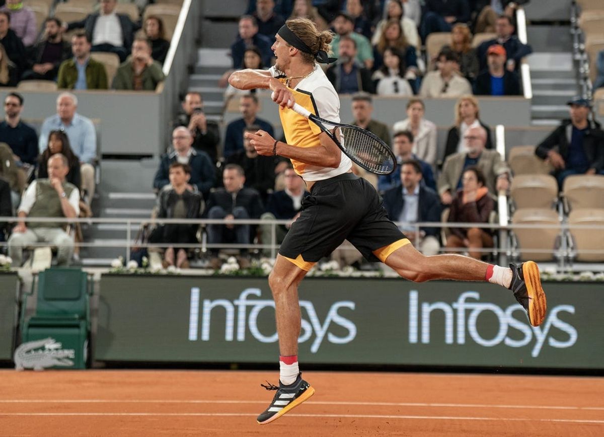 May 27, 2024; Paris, France; Alexander Zverev of Germany returns a shot during his match against Rafael Nadal of Spain on day two of Roland Garros at Stade Roland Garros. Mandatory Credit: Susan Mullane-USA TODAY Sports