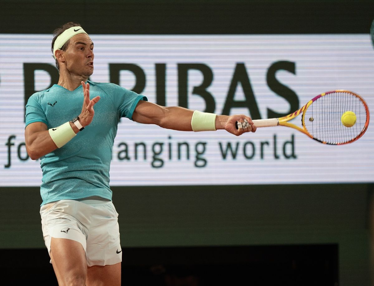 May 27, 2024; Paris, France; Rafael Nadal of Spain returns a shot during his match against Alexander Zverev of Germany on day two of Roland Garros at Stade Roland Garros. Mandatory Credit: Susan Mullane-USA TODAY Sports