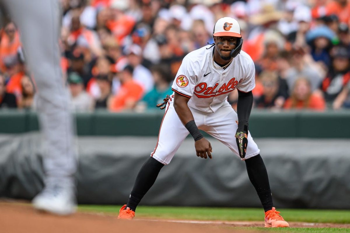 May 19, 2024; Baltimore, Maryland, USA; Baltimore Orioles second base Jorge Mateo (3) takes a lead off of first base during the fourth inning against the Seattle Mariners at Oriole Park at Camden Yards. Mandatory Credit: Reggie Hildred-USA TODAY Sports