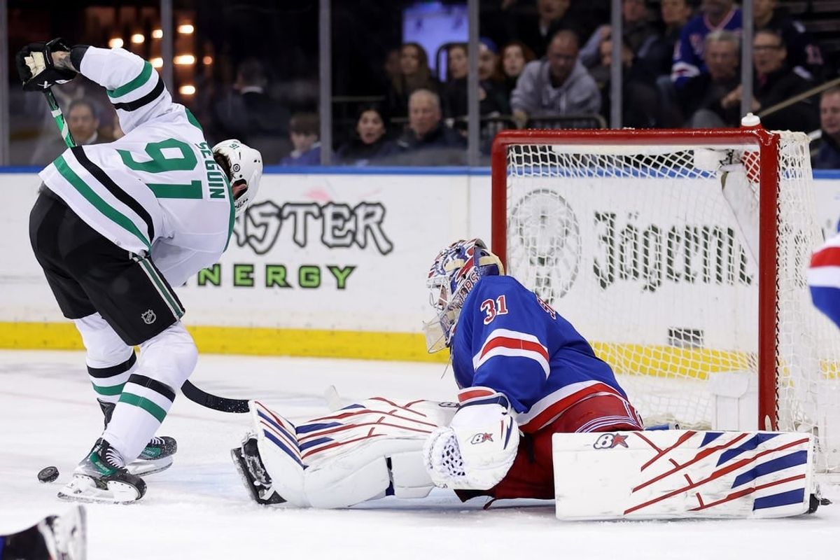 Feb 20, 2024; New York, New York, USA; New York Rangers goaltender Igor Shesterkin (31) makes a save against Dallas Stars center Tyler Seguin (91) during the third period at Madison Square Garden.
