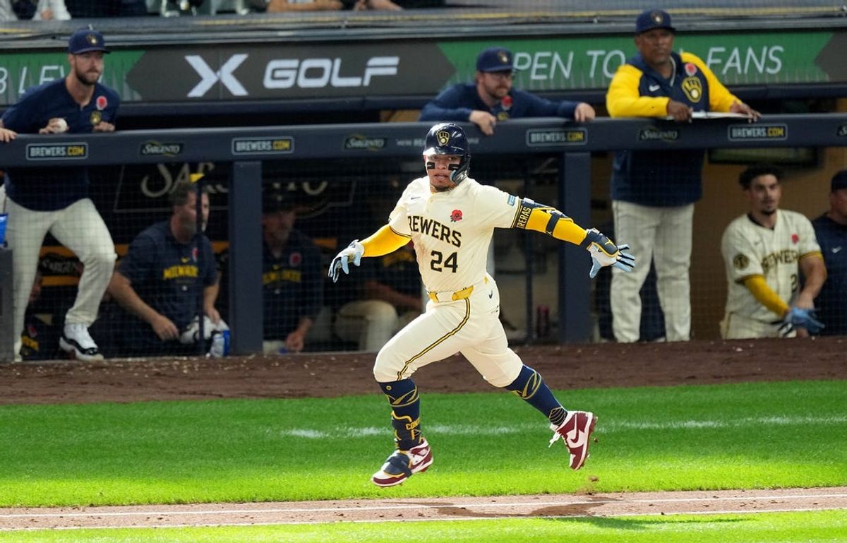 Milwaukee Brewers catcher William Contreras (24) watches his RBI single during the eight inning of their game against the Chicago Cubs Monday, May 27, 2024 at American Family Field in Milwaukee, Wisconsin.
