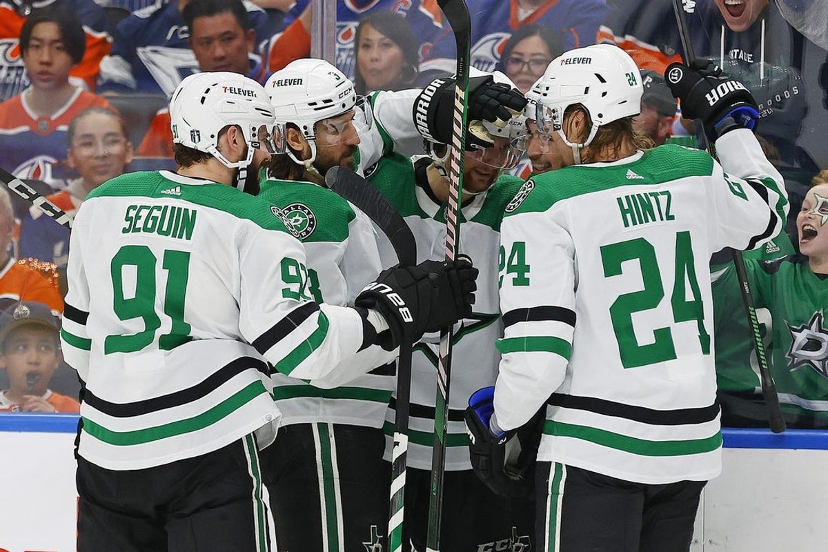May 27, 2024; Edmonton, Alberta, CAN;  The Dallas Stars celebrate a goal by forward Jason Robertson (21), his second of the game during the second period against the Edmonton Oilers in game three of the Western Conference Final of the 2024 Stanley Cup Playoffs at Rogers Place. Mandatory Credit: Perry Nelson-USA TODAY Sports