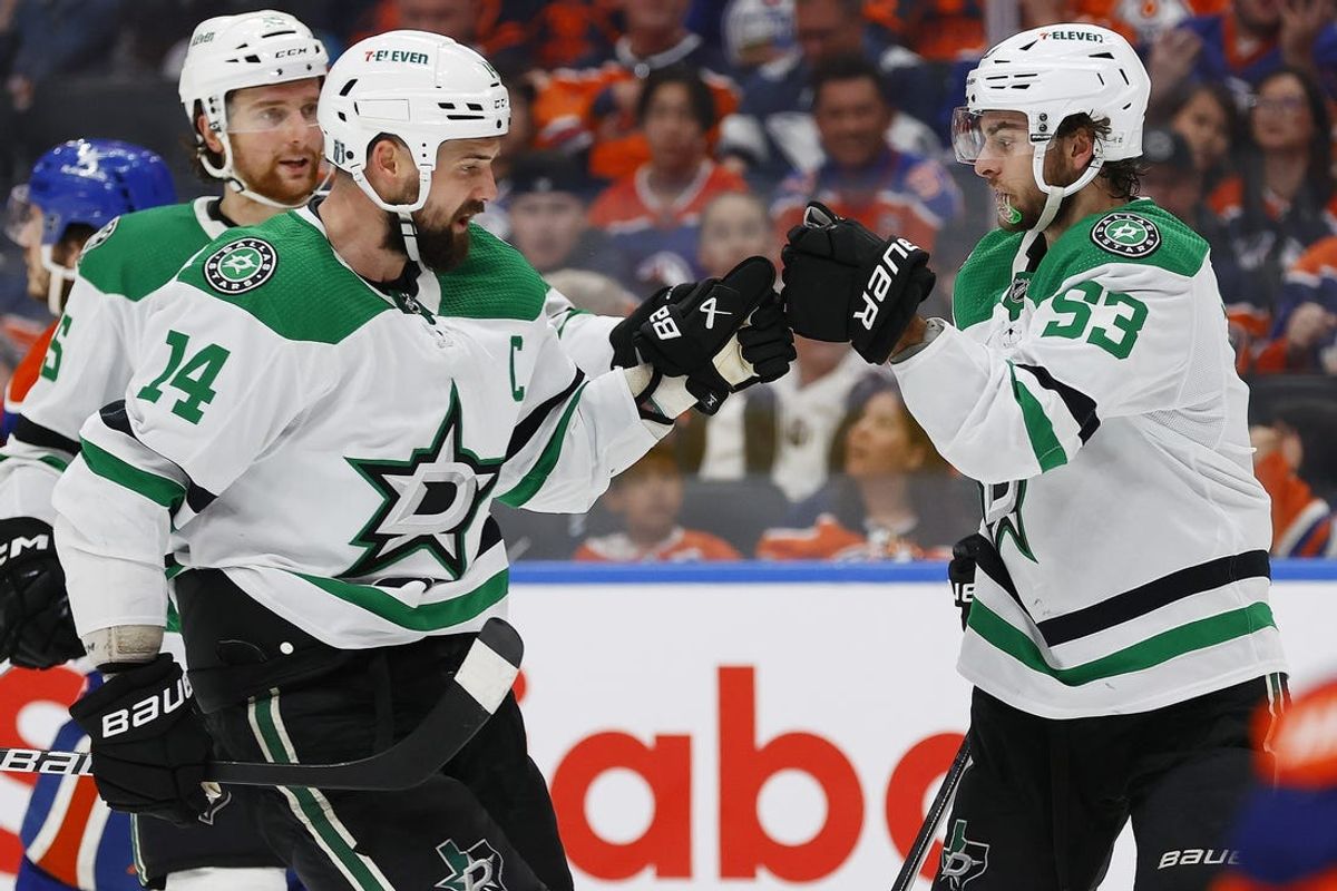 May 27, 2024; Edmonton, Alberta, CAN;  The Dallas Stars celebrate a goal by forward Wyatt Johnson (53) during the second period against the Edmonton Oilers in game three of the Western Conference Final of the 2024 Stanley Cup Playoffs at Rogers Place. Mandatory Credit: Perry Nelson-USA TODAY Sports
