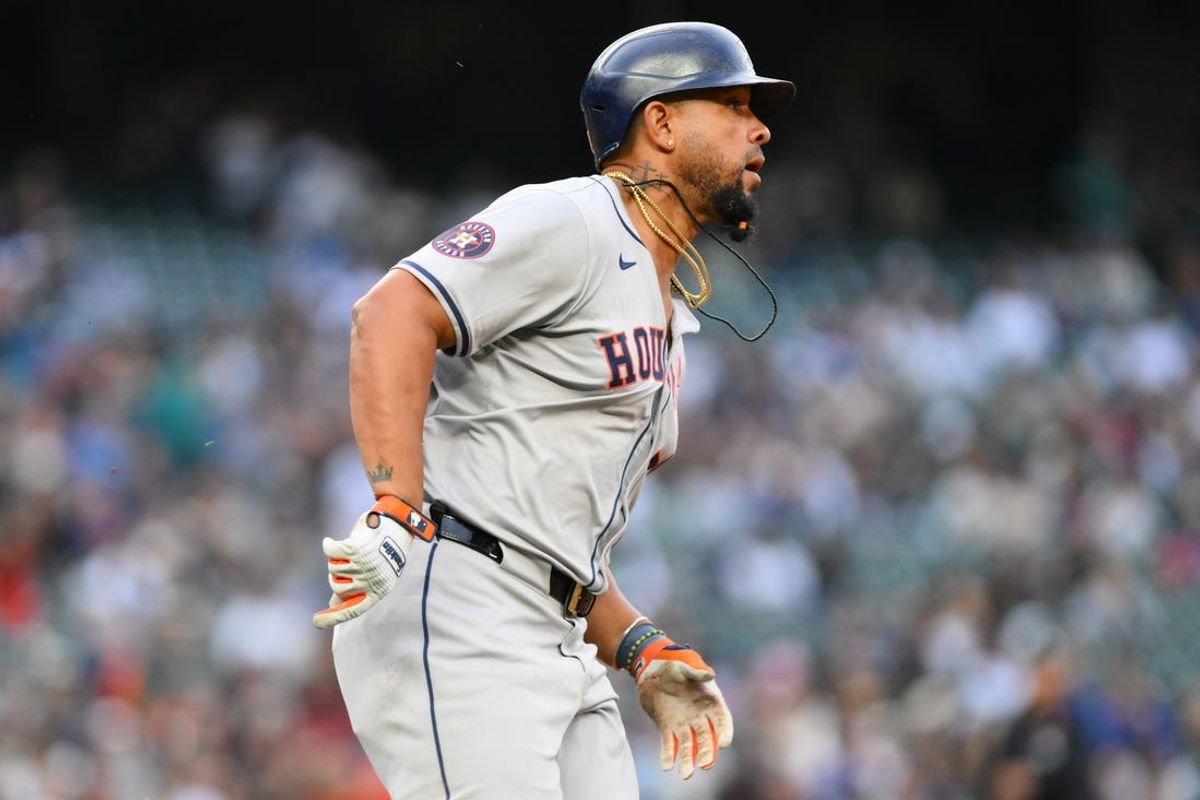 May 27, 2024; Seattle, Washington, USA; Houston Astros first baseman Jose Abreu (79) heads toward first base after hitting an RBI single against the Seattle Mariners during the fifth inning at T-Mobile Park. Mandatory Credit: Steven Bisig-USA TODAY Sports
