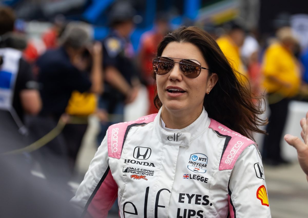 May 26, 2024; Indianapolis, Indiana, USA; Indycar Series driver Katherine Legge during the 108th running of the Indianapolis 500 at Indianapolis Motor Speedway. Mandatory Credit: Mark J. Rebilas-Imagn Images