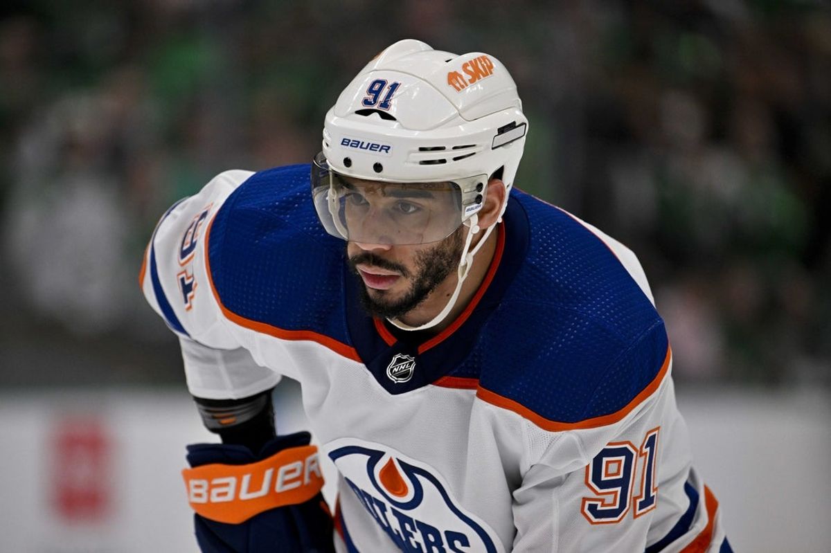 May 25, 2024; Dallas, Texas, USA; Edmonton Oilers left wing Evander Kane (91) in action during the game between the Dallas Stars and the Edmonton Oilers in game two of the Western Conference Final of the 2024 Stanley Cup Playoffs at American Airlines Center. Mandatory Credit: Jerome Miron-Imagn Images
