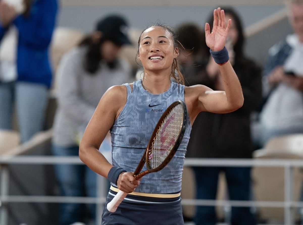 May 28, 2024; Paris,, France; Qinwen Zheng  of China reacts to winning her match against Alize Cornet of France on day three of Roland Garros at Stade Roland Garros. Mandatory Credit: Susan Mullane-USA TODAY Sports