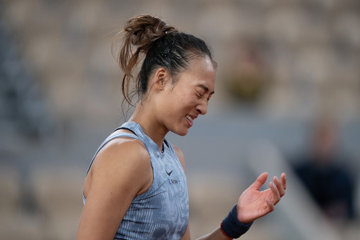 May 28, 2024; Paris,, France; Qinwen Zheng  of China reacts to a point during her match against Alize Cornet of France on day three of Roland Garros at Stade Roland Garros. Mandatory Credit: Susan Mullane-USA TODAY Sports
