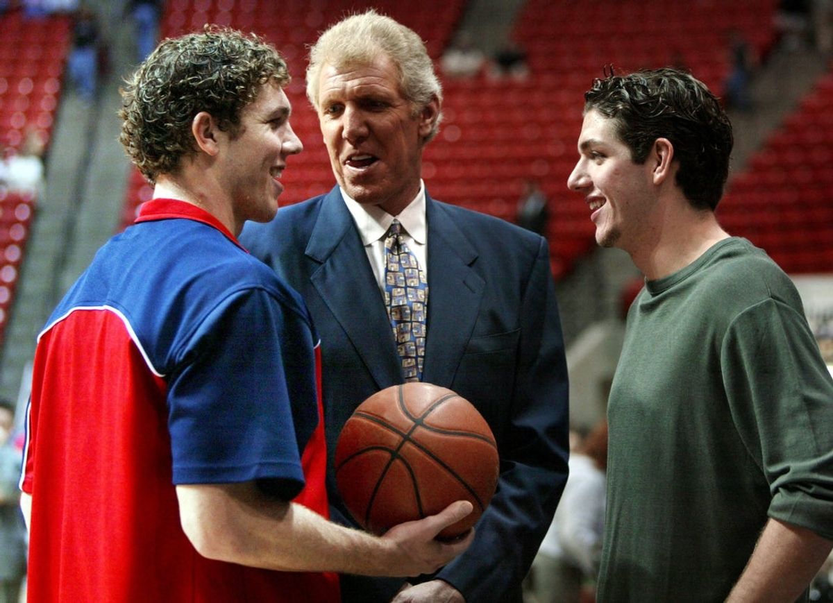Bill Walton with sons Luke (left) a player with Arizona and Chris, a player with San Diego State, before a game at Cox Arena on Dec. 7, 2002.