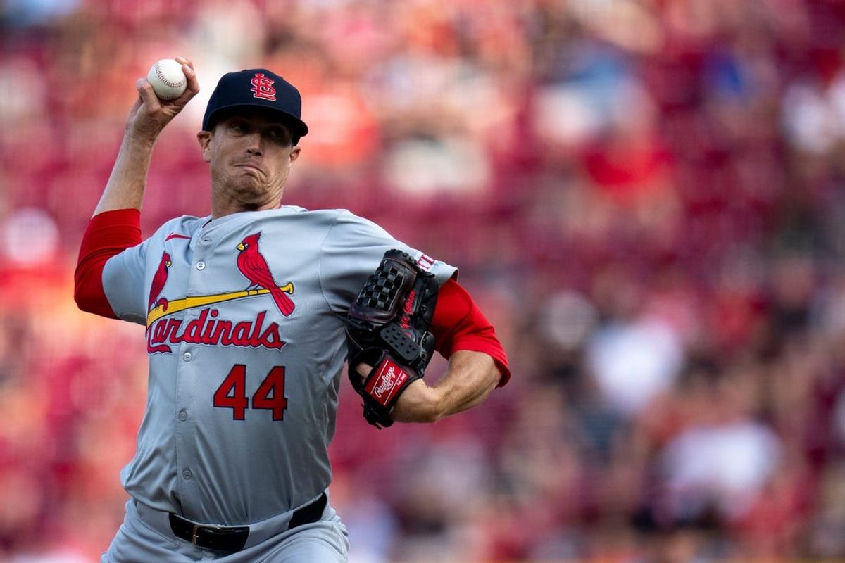St. Louis Cardinals pitcher Kyle Gibson (44) delivers a pitch in the first inning of the MLB baseball game between the Cincinnati Reds and the St. Louis Cardinals at Great American Ball Park in Cincinnati on Tuesday, May 28, 2024.