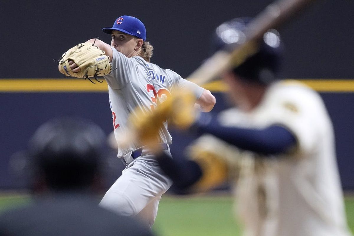 May 28, 2024; Milwaukee, Wisconsin, USA;  Chicago Cubs pitcher Ben Brown (32) throws a pitch during the first inning against the Milwaukee Brewers at American Family Field. Mandatory Credit: Jeff Hanisch-USA TODAY Sports