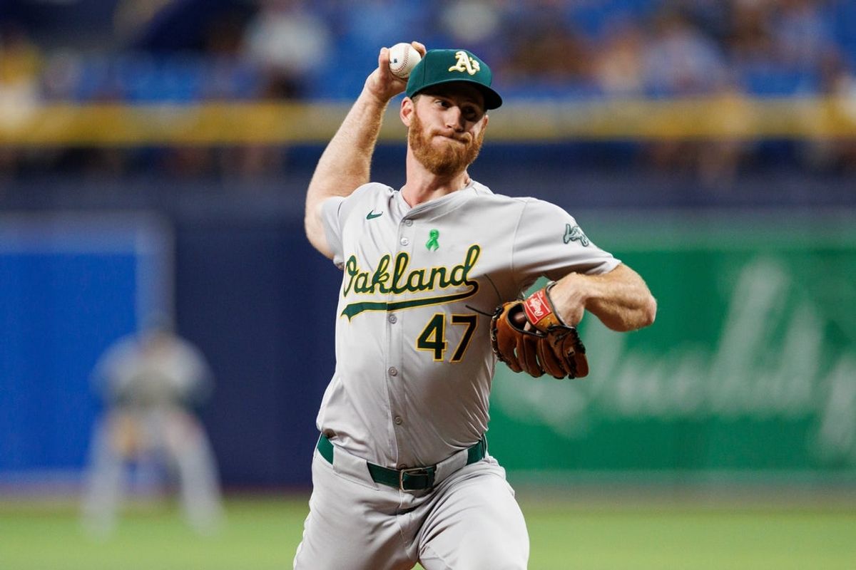 May 28, 2024; St. Petersburg, Florida, USA;  Oakland Athletics pitcher Michael Kelly (47) throws a pitch against the Tampa Bay Rays in the seventh inning at Tropicana Field. Mandatory Credit: Nathan Ray Seebeck-Imagn Images