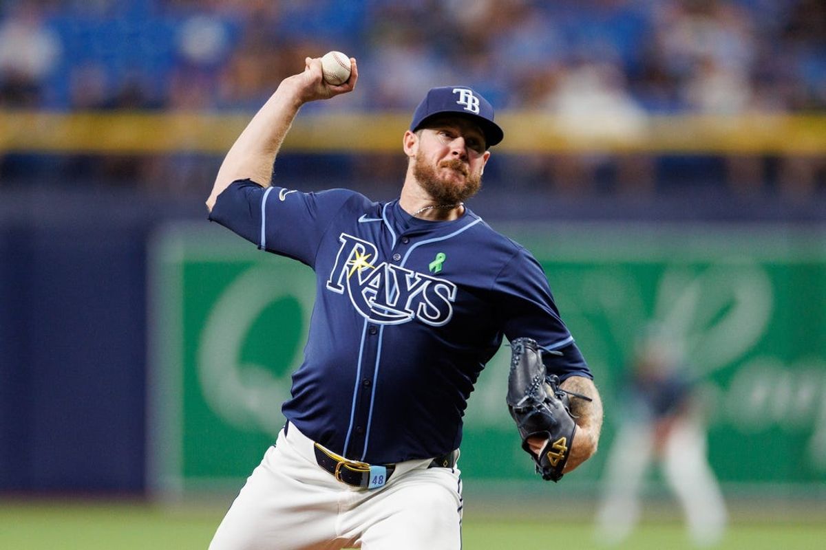May 28, 2024; St. Petersburg, Florida, USA;  Tampa Bay Rays pitcher Chris Devenski (48) throws a pitch against the Oakland Athletics in the eighth inning at Tropicana Field. Mandatory Credit: Nathan Ray Seebeck-USA TODAY Sports