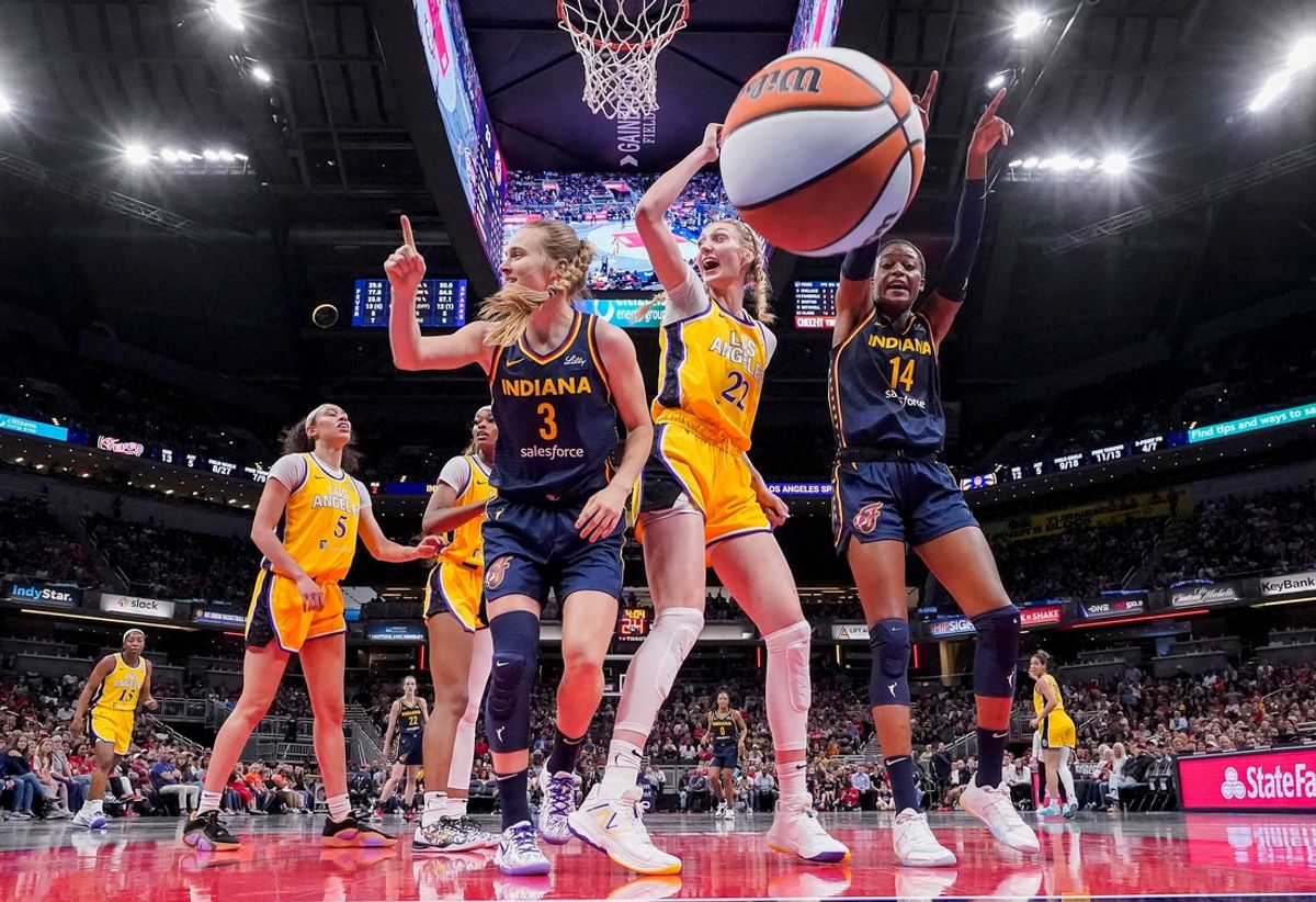 Indiana Fever guard Kristy Wallace (3), Los Angeles Sparks forward Cameron Brink (22) and Indiana Fever forward Damiris Dantas (12) react as the ball fall out of bounds Tuesday, May 28, 2024, during the game at Gainbridge Fieldhouse in Indianapolis. The Los Angeles Sparks defeated the Indiana Fever, 88-82.