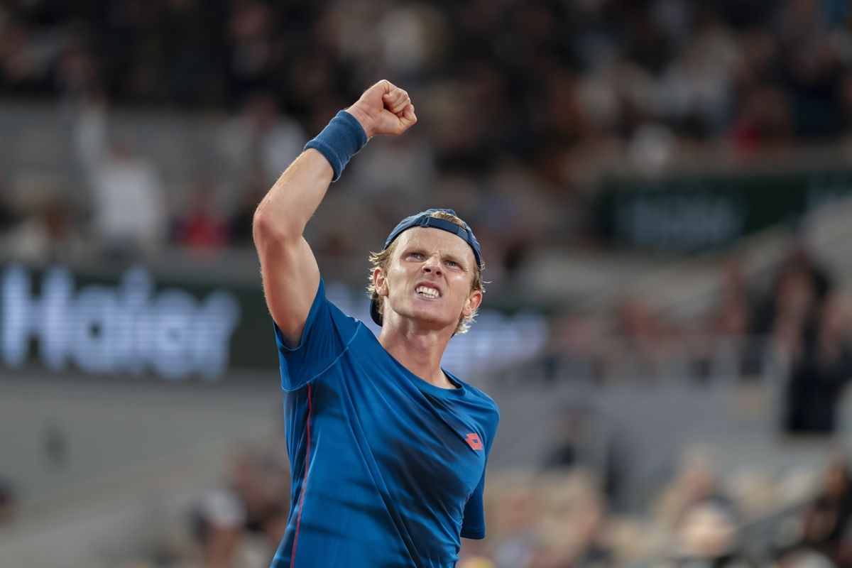 May 29, 2024; Paris, France; Jesper De Jong of the Netherlands reacts to winning the third set during his match against Carlos Alcaraz of Spain on day four of Roland Garros at Stade Roland Garros. Mandatory Credit: Susan Mullane-Imagn Images