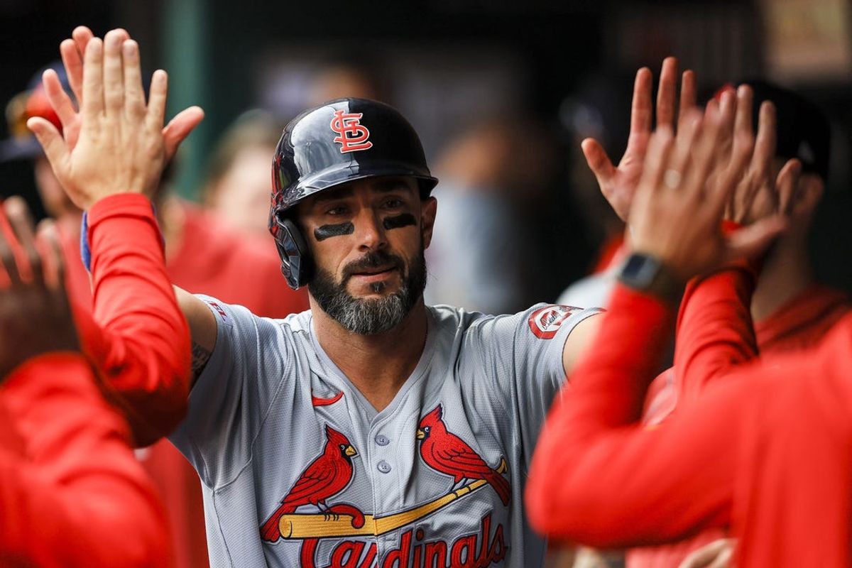 May 29, 2024; Cincinnati, Ohio, USA; St. Louis Cardinals designated hitter Matt Carpenter (13) high fives teammates after hitting a solo home run in the third inning against the Cincinnati Reds at Great American Ball Park. Mandatory Credit: Katie Stratman-USA TODAY Sports