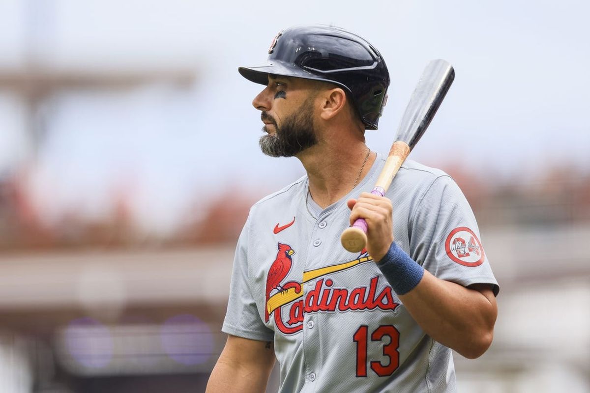 May 29, 2024; Cincinnati, Ohio, USA; St. Louis Cardinals designated hitter Matt Carpenter (13) walks off the field after striking out in the sixth inning against the Cincinnati Reds at Great American Ball Park. Mandatory Credit: Katie Stratman-USA TODAY Sports