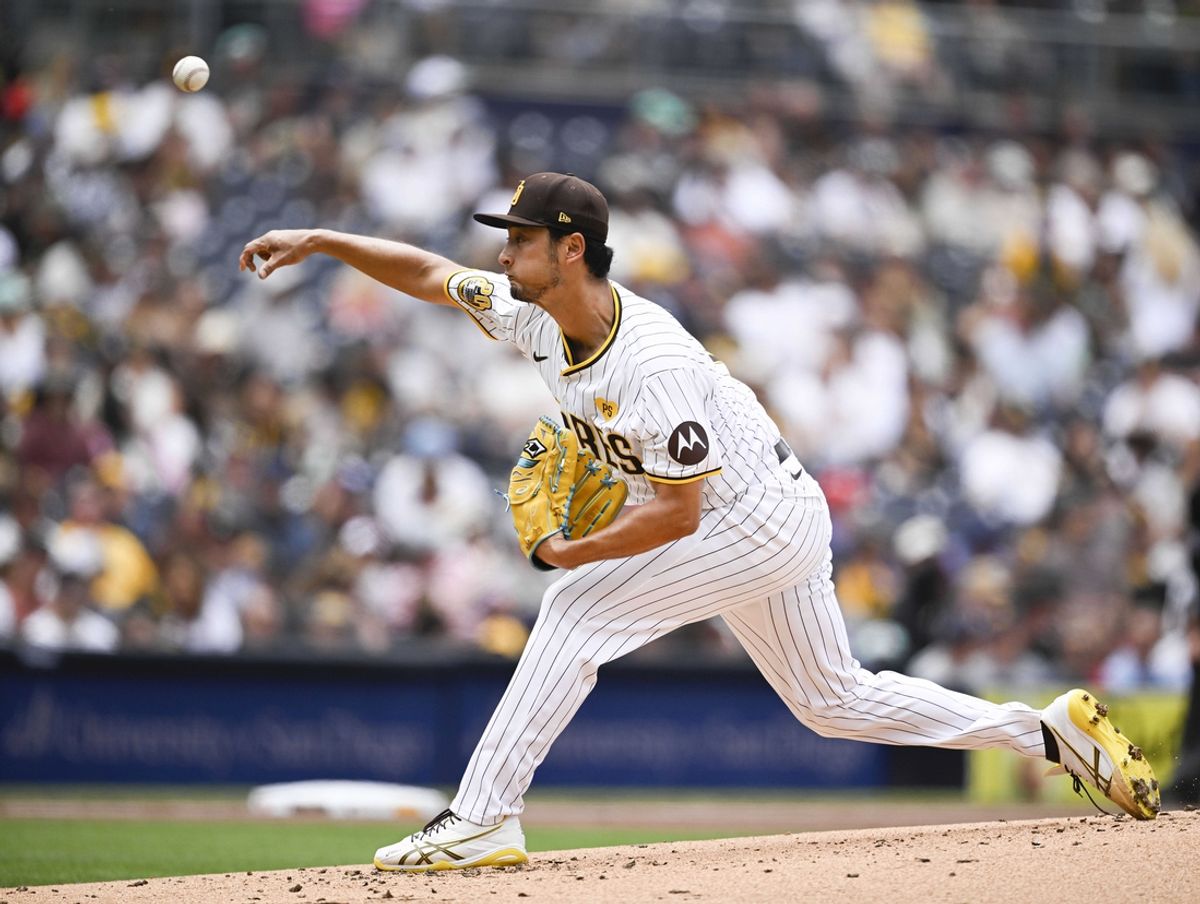 May 29, 2024; San Diego, California, USA; San Diego Padres pitcher Yu Darvish (11) pitches during the second inning against the Miami Marlins at Petco Park. Mandatory Credit: Denis Poroy-Imagn Images