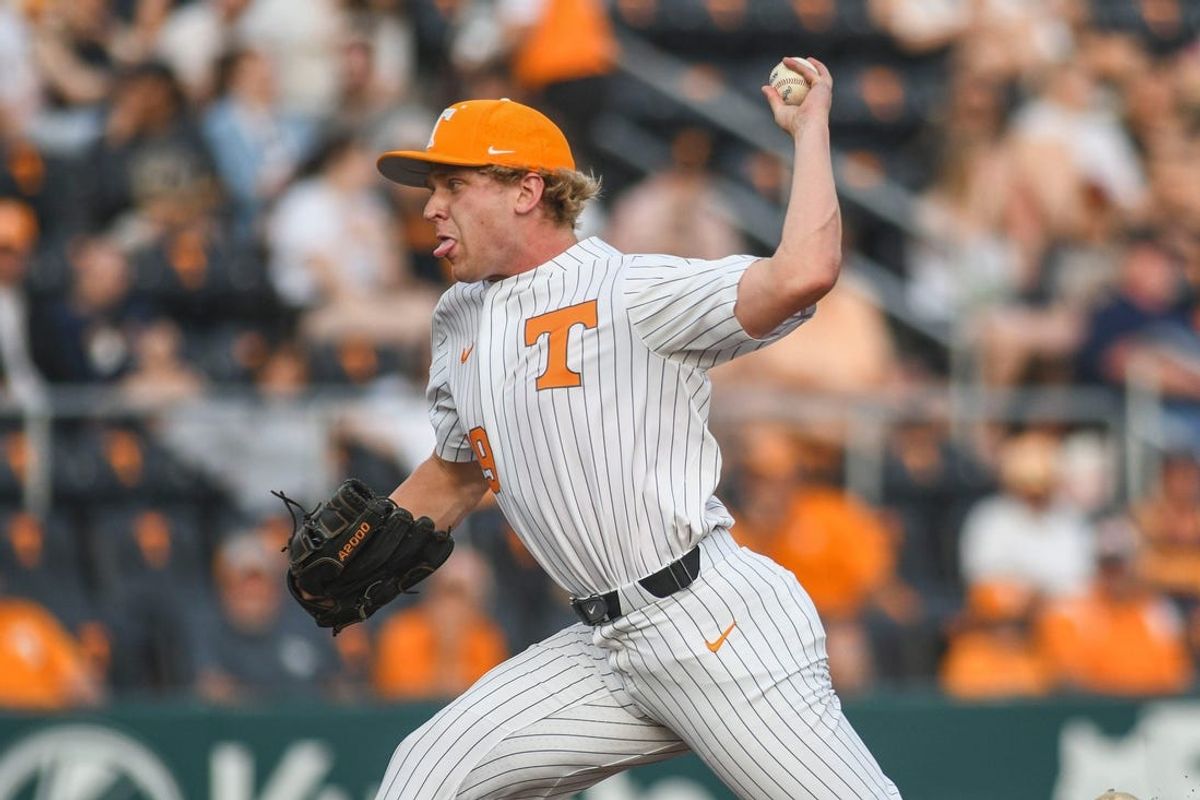 Tennessee's Andrew Behnke (19) pitches during a NCAA baseball game at Lindsey Nelson Stadium on Tuesday, May 7, 2024. Tennessee won 6-3 against Queens.
