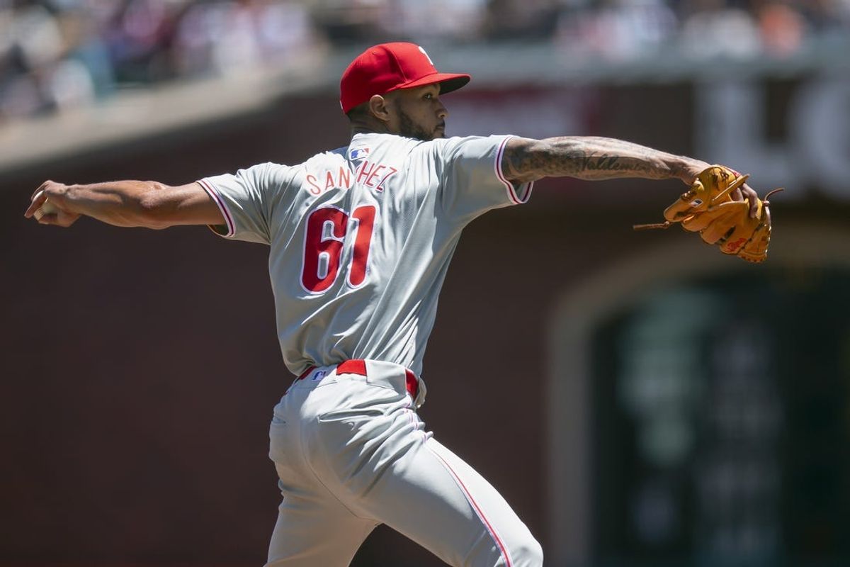May 29, 2024; San Francisco, California, USA; Philadelphia Phillies starting pitcher Cristopher Sánchez (61) delivers a pitch against the San Francisco Giants during the second inning at Oracle Park. Mandatory Credit: D. Ross Cameron-USA TODAY Sports