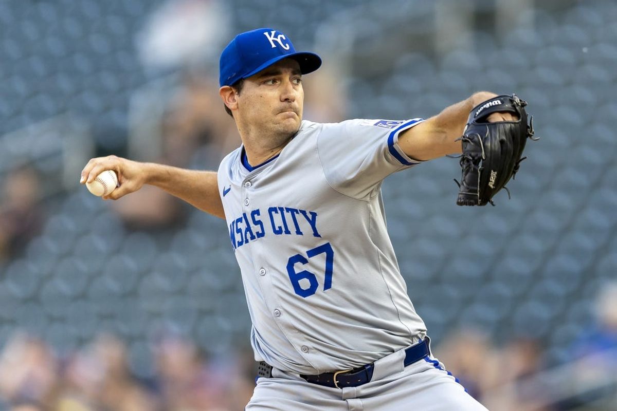 May 29, 2024; Minneapolis, Minnesota, USA; Kansas City Royals starting pitcher Seth Lugo (67) delivers a pitch against the Minnesota Twins in the first inning at Target Field. Mandatory Credit: Jesse Johnson-USA TODAY Sports