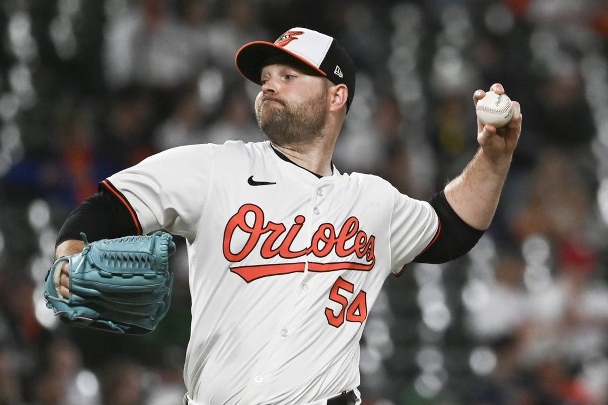 May 29, 2024; Baltimore, Maryland, USA;  Baltimore Orioles relief pitcher Danny Coulombe (54) throws a eighth inning pitch against the Boston Red Sox at Oriole Park at Camden Yards. Mandatory Credit: Tommy Gilligan-USA TODAY Sports