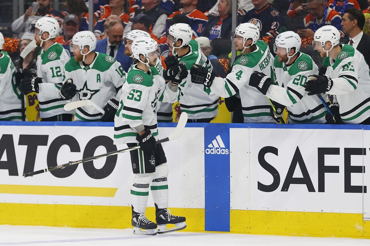 May 29, 2024; Edmonton, Alberta, CAN; The Dallas Stars celebrate a goal by forward Wyatt Johnson (53) during the first period against the Edmonton Oilers in game four of the Western Conference Final of the 2024 Stanley Cup Playoffs at Rogers Place. Mandatory Credit: Perry Nelson-Imagn Images