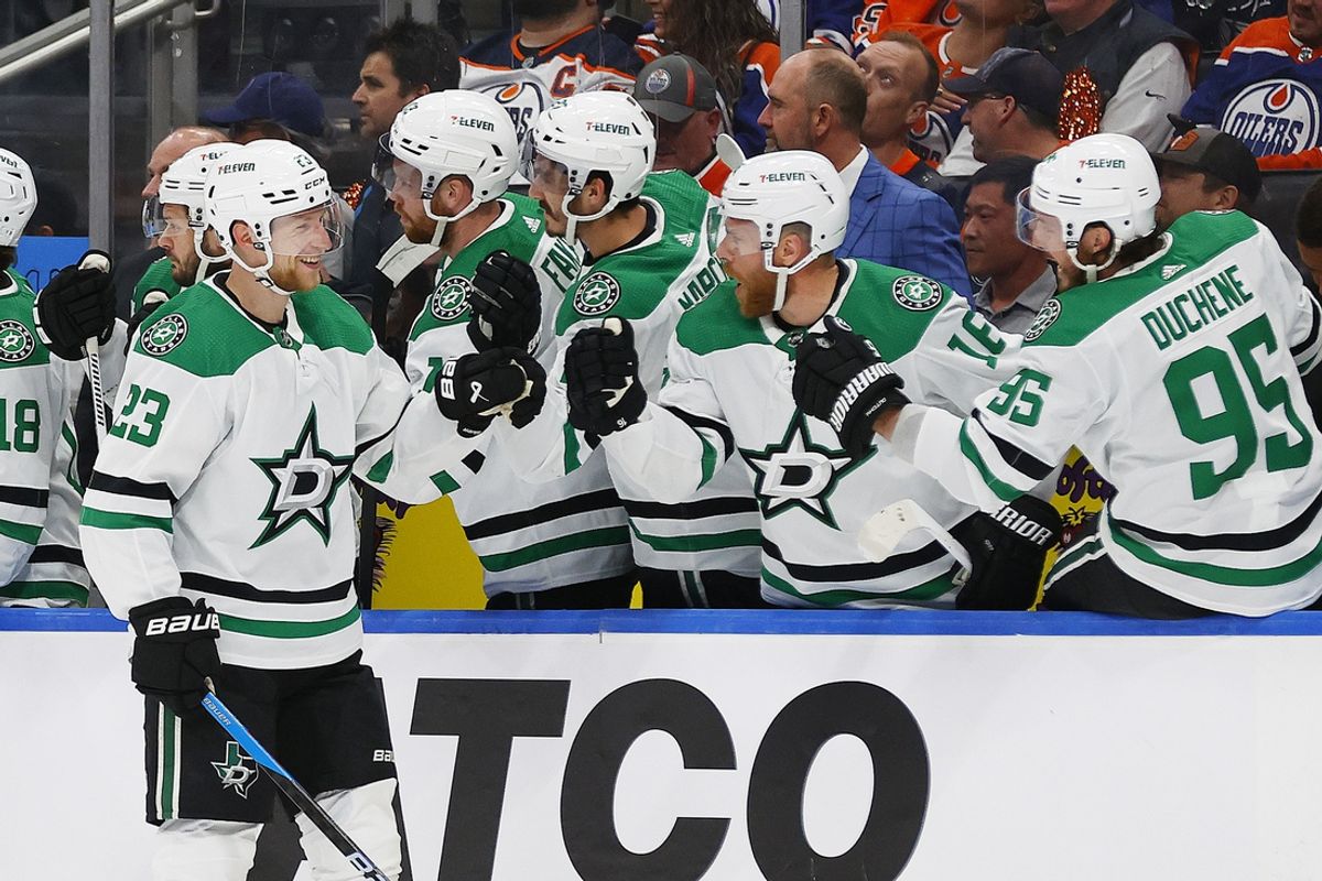 May 29, 2024; Edmonton, Alberta, CAN; The Dallas Stars celebrate a goal by defensemen Esa Lindell (23) during the first period against the Edmonton Oilers in game four of the Western Conference Final of the 2024 Stanley Cup Playoffs at Rogers Place. Mandatory Credit: Perry Nelson-Imagn Images