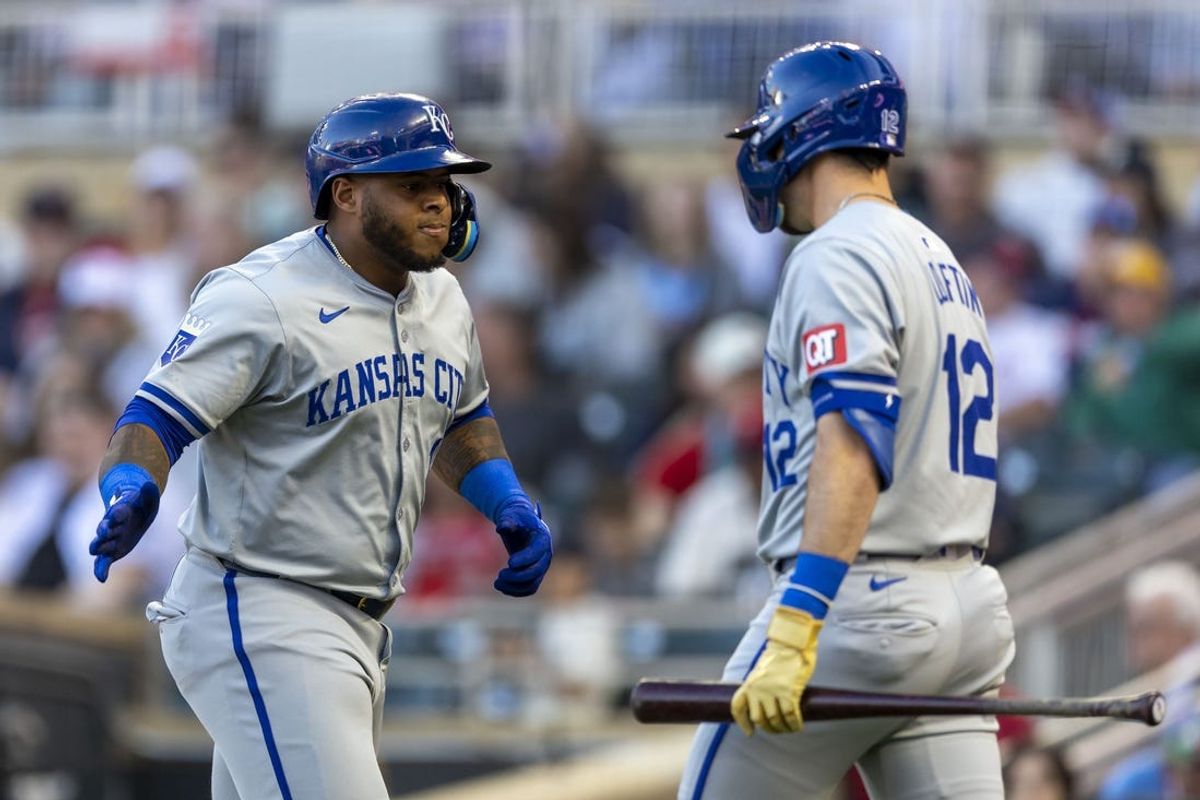 May 29, 2024; Minneapolis, Minnesota, USA; Kansas City Royals designated hitter Nelson Velazquez (17) celebrates with first baseman Nick Loftin (12) after hitting a solo home run against the Minnesota Twins in the fifth inning at Target Field. Mandatory Credit: Jesse Johnson-USA TODAY Sports