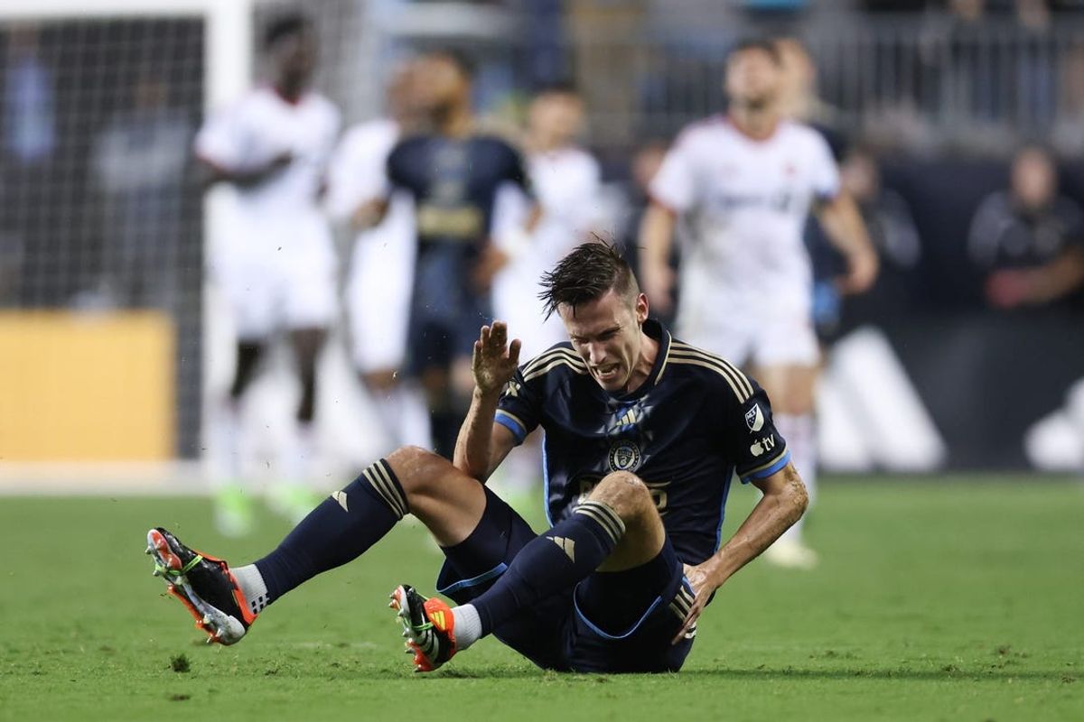 May 29, 2024; Philadelphia, Pennsylvania, USA; Philadelphia Union defender Jack Elliott (3) reacts after falling hard during the second half against Toronto FC at Subaru Park. Mandatory Credit: Bill Streicher-USA TODAY Sports