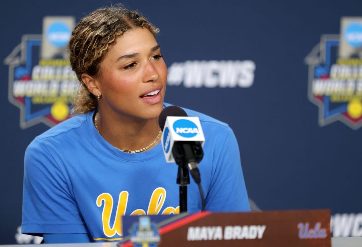 UCLA's Maya Brady speaks to the media during the practice and media day for the Women's College World Series at Devon Park in Oklahoma City, Wednesday, May, 29, 2024.
