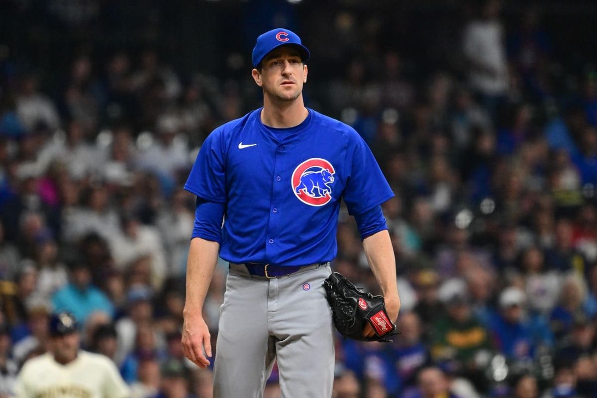 May 29, 2024; Milwaukee, Wisconsin, USA; Chicago Cubs relief pitcher Kyle Hendricks (28) looks on after retiring a batter in the sixth inning against the Milwaukee Brewers at American Family Field. Mandatory Credit: Benny Sieu-USA TODAY Sports