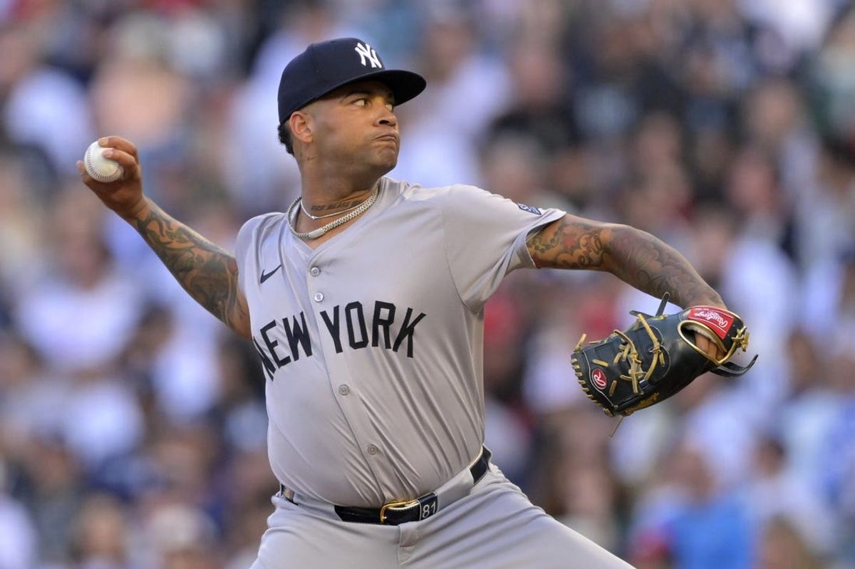 May 29, 2024; Anaheim, California, USA;  New York Yankees starting pitcher Luis Gil (81) throws to the plate in the first inning against the Los Angeles Angels at Angel Stadium. Mandatory Credit: Jayne Kamin-Oncea-USA TODAY Sports