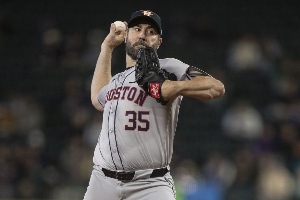 May 29, 2024; Seattle, Washington, USA; Houston Astros starter Justin Verlander (35) delivers a pitch during the first inning against the Seattle Mariners at T-Mobile Park. Mandatory Credit: Stephen Brashear-USA TODAY Sports