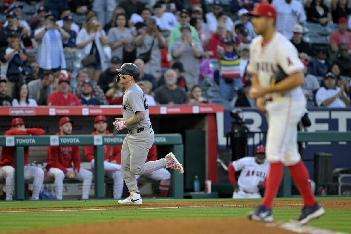 May 29, 2024; Anaheim, California, USA; New York Yankees left fielder Alex Verdugo (24) rounds third after hitting a solo home run in the fourth inning off Los Angeles Angels starting pitcher Tyler Anderson (31) at Angel Stadium. Mandatory Credit: Jayne Kamin-Oncea-USA TODAY Sports