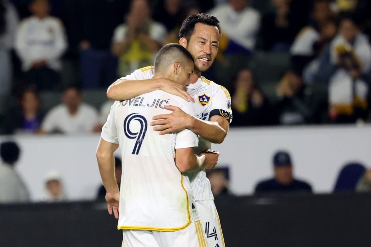 May 29, 2024; Carson, California, USA; LA Galaxy forward Dejan Joveljic (9) celebrates his penalty kick score with defender Maya Yoshida (4) during the second half against FC Dallas at Dignity Health Sports Park. Mandatory Credit: Kiyoshi Mio-USA TODAY Sports