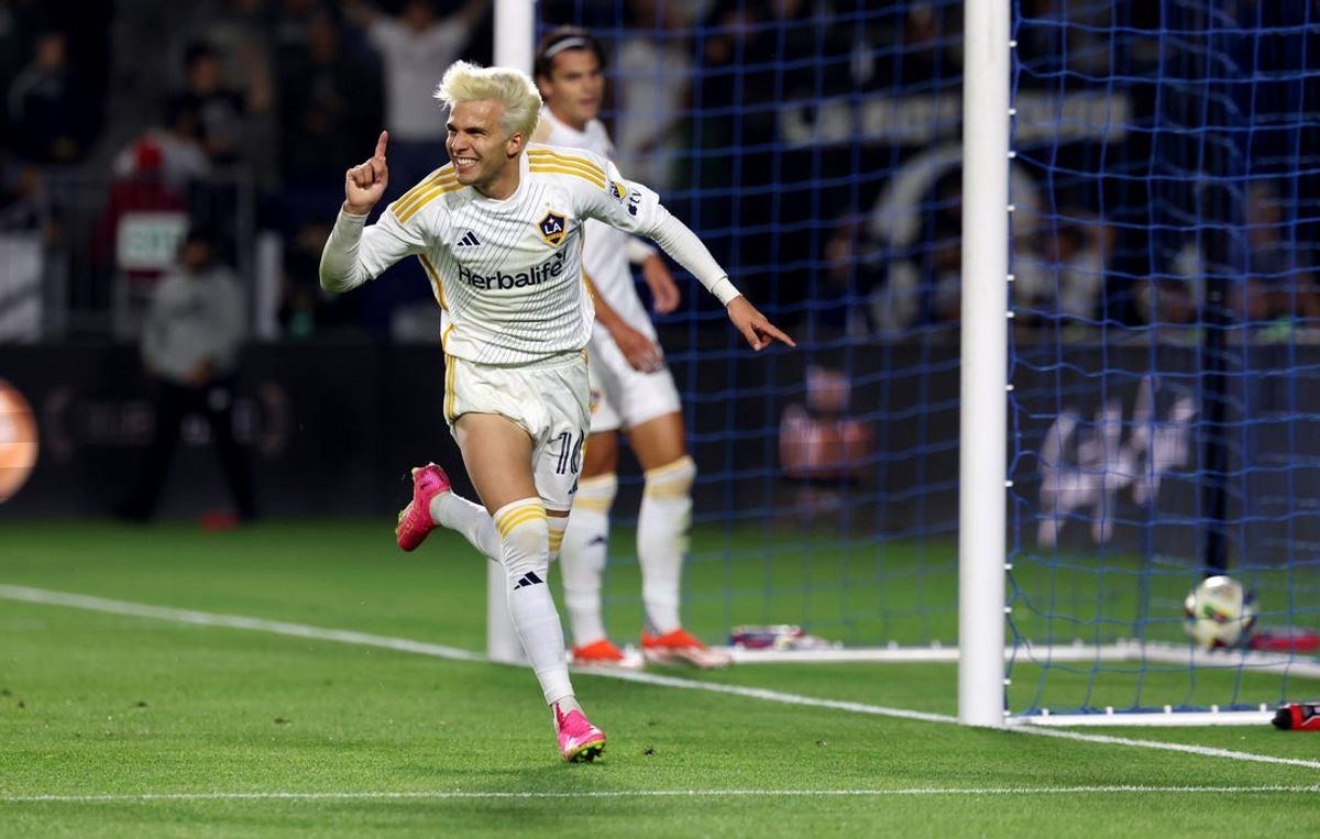 May 29, 2024; Carson, California, USA; LA Galaxy midfielder Riqui Puig (10) reacts after scoring a goal against FC Dallas during the second half at Dignity Health Sports Park. Mandatory Credit: Kiyoshi Mio-USA TODAY Sports