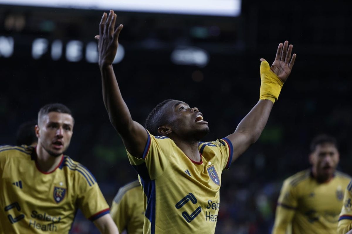 May 29, 2024; Seattle, Washington, USA; Real Salt Lake forward Carlos Andres Gomez (11) celebrates a goal in the second half against the Seattle Sounders at Lumen Field. Mandatory Credit: Joe Nicholson-USA TODAY Sports