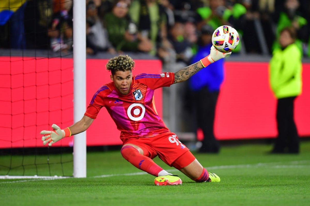May 29, 2024; Los Angeles, California, USA; Minnesota United goalkeeper Dayne St. Clair (97) makes a save against LAFC during the second half at BMO Stadium. Mandatory Credit: Gary A. Vasquez-USA TODAY Sports