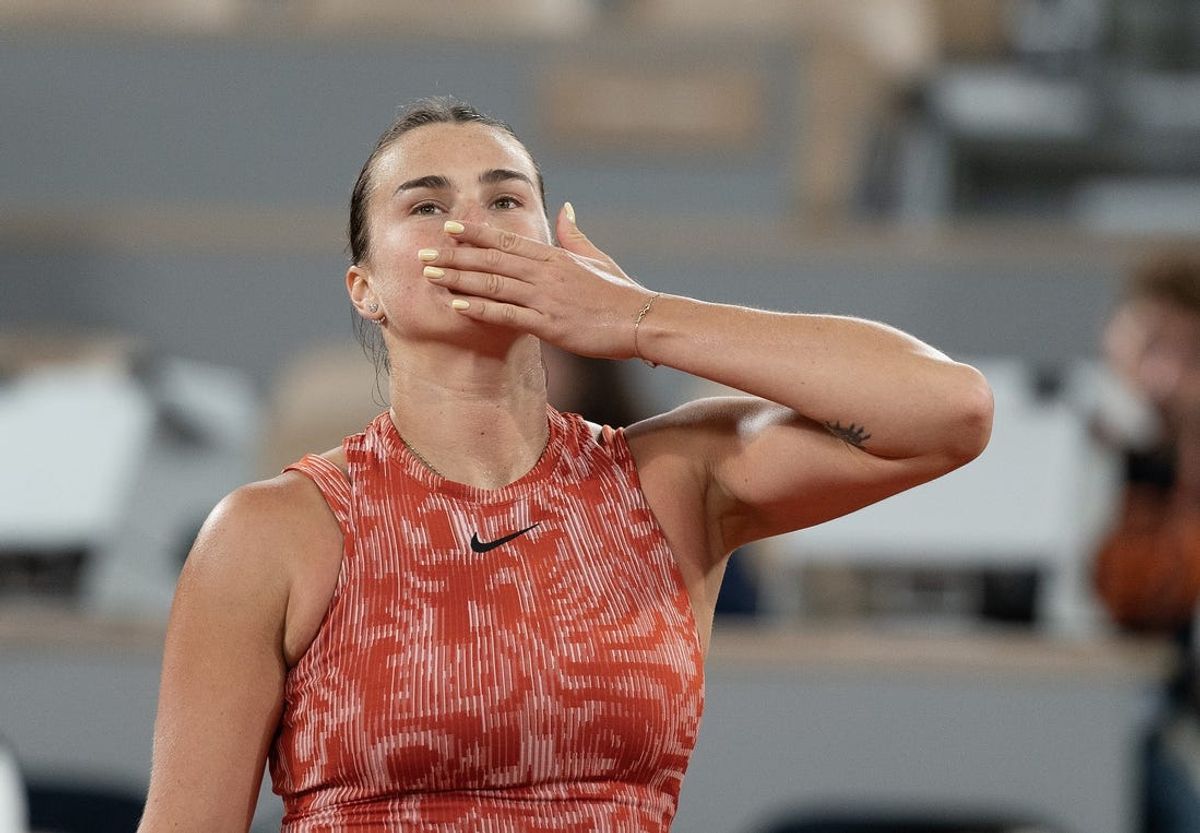 May 30, 2024; Paris, France; Aryna Sabalenka celebrates winning her match against Moyuka Uchijima of Japan on day five of Roland Garros at Stade Roland Garros. Mandatory Credit: Susan Mullane-USA TODAY Sports