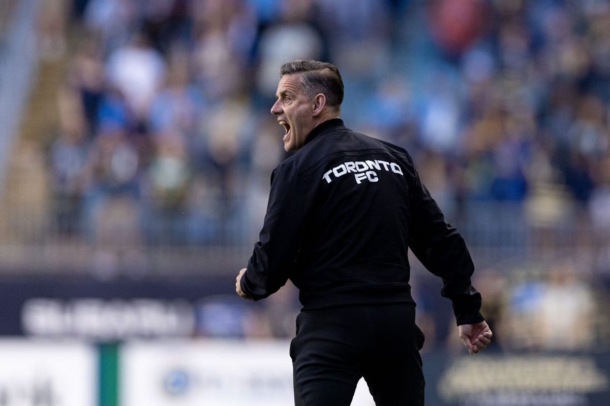 May 29, 2024; Philadelphia, Pennsylvania, USA; Toronto FC head coach John Herdman reacts against the Philadelphia Union during the second half at Subaru Park. Mandatory Credit: Bill Streicher-USA TODAY Sports