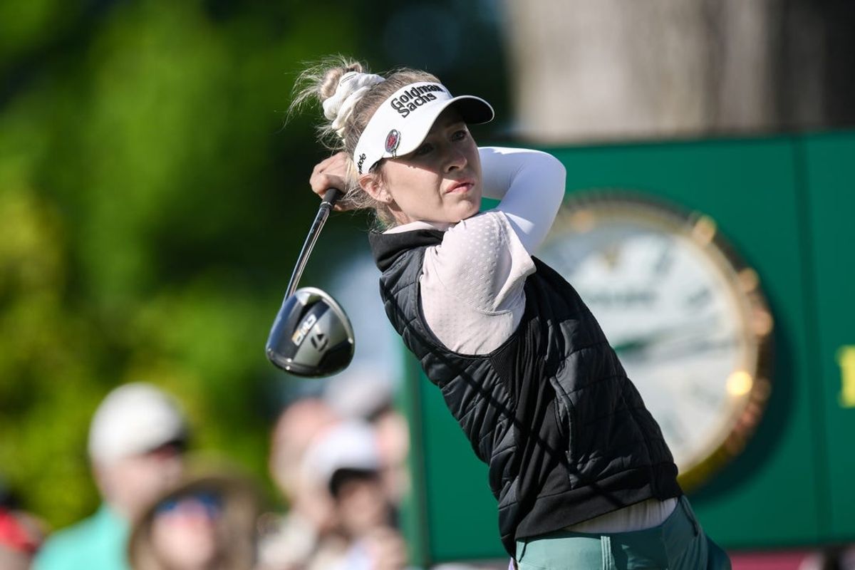 May 30, 2024; Lancaster, Pennsylvania, USA; Nelly Korda (USA) hits a tee shot on the tenth hole during the first round of the U.S. Women's Open golf tournament. Mandatory Credit: John Jones-USA TODAY Sports